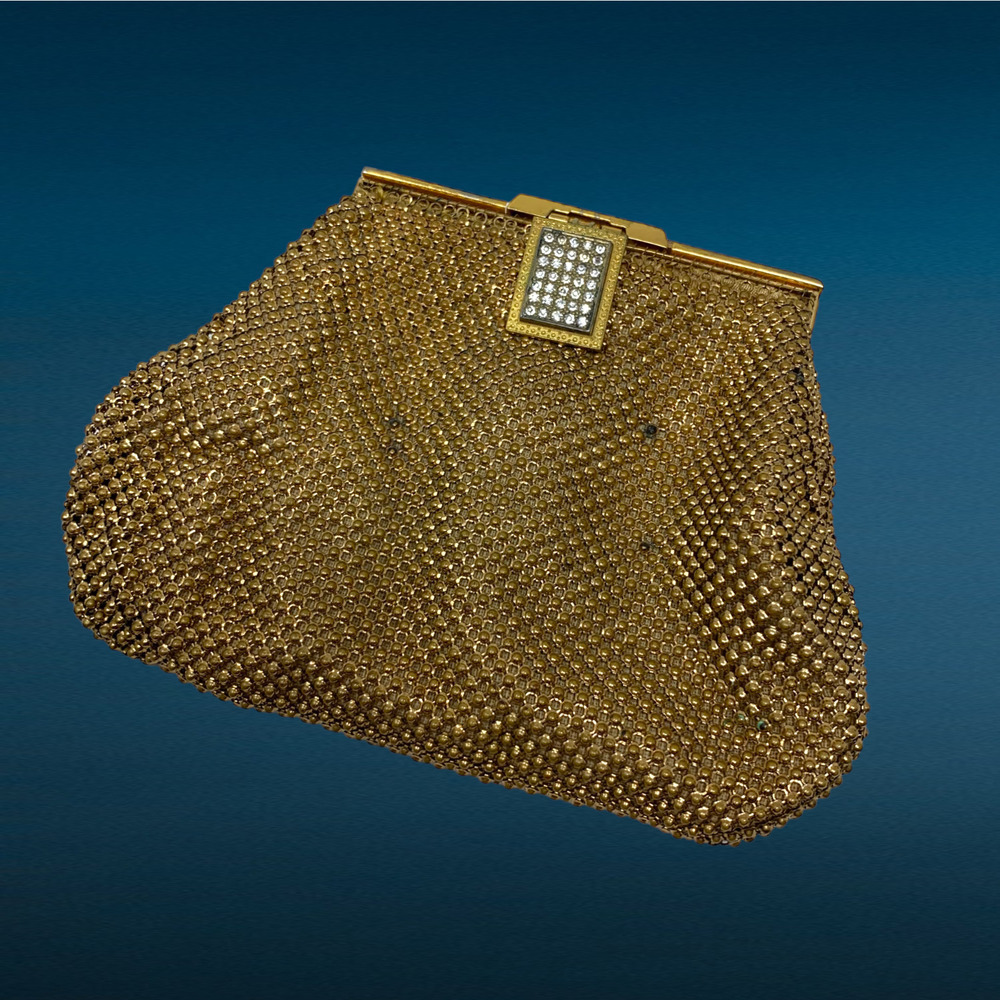 Vintage 1950's Whiting & Davis Gold Mesh Evening Bag Wristlet Rhinestone Clasp